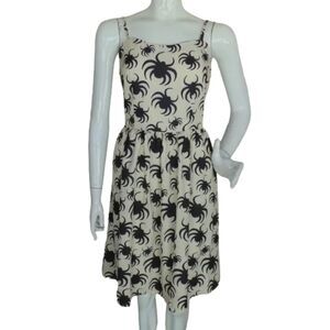 Spider Dress, M, Cream with black spiders all over, Spaghetti strap, Flowy skirt